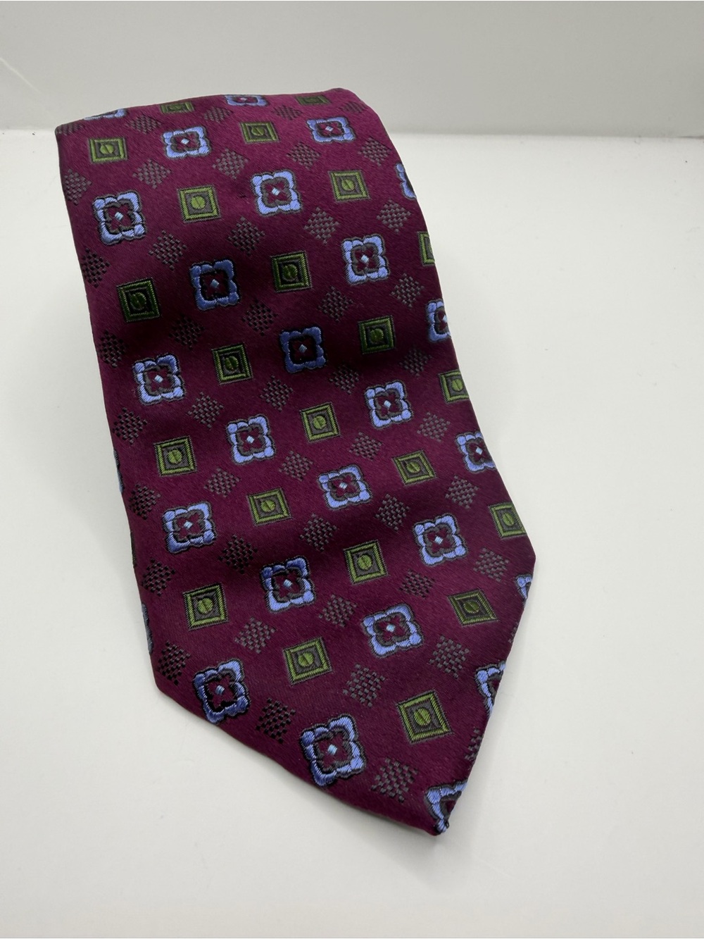 David Donahue Burgundy Silk Tie with Blue and Green Geometric Floral Motif